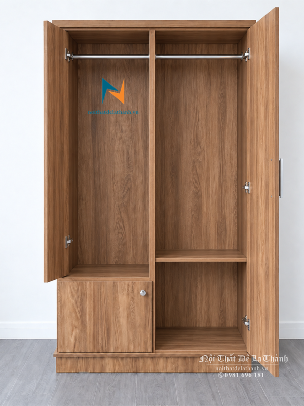 Thiết kế bên trong tủ áo 2 cánh, có 1 cánh tủ nhỏ bên trái và 1 tấm đợt gỗ khoang bên phải, 2 suốt treo, 2 buồng và 2 cánh