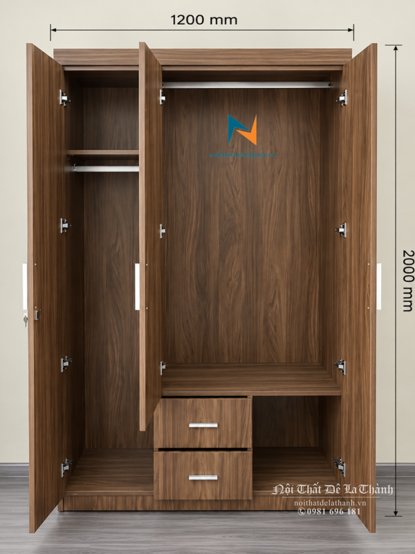 Thiết kế bên trong chiếc tủ gỗ công nghiệp 3 cánh giá rẻ: gồm 1 khoang lớn và 1 khoang nhỏ, 2 ngăn kéo và 1 đợt gác