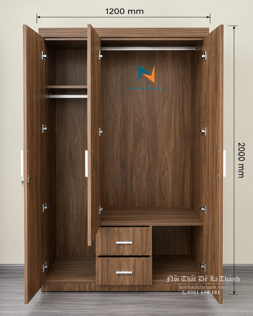 Thiết kế bên trong chiếc tủ gỗ công nghiệp 3 cánh giá rẻ: gồm 1 khoang lớn và 1 khoang nhỏ, 2 ngăn kéo và 1 đợt gác