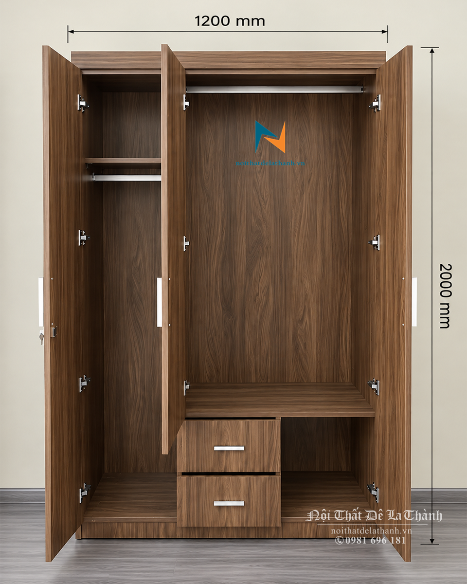 Thiết kế bên trong chiếc tủ gỗ công nghiệp 3 cánh giá rẻ: gồm 1 khoang lớn và 1 khoang nhỏ, 2 ngăn kéo và 1 đợt gác
