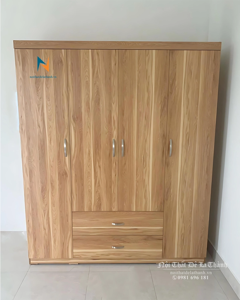 Chiếc tủ quần áo gỗ công nghiệp giá rẻ sản xuất bởi Nội Thất Đê La Thành có 4 cánh, màu 6161, kích thước 1m6x2m