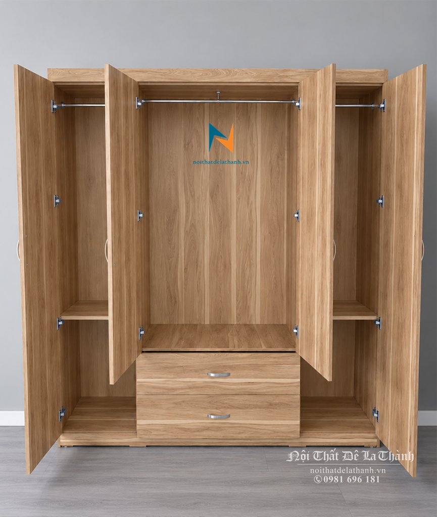 Thiết kế bên trong chiếc tủ áo giá rẻ 4 cánh với 1 buồng lớn, 2 buồng nhỏ, 2 ngăn kéo, các đợt gấp và các suốt treo
