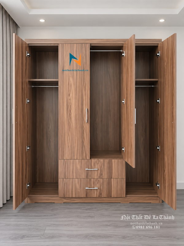 Thiết kế bên trong tủ áo giá rẻ 4 cánh, với 1 khoang lớn ở giữa, 2 khoang nhỏ 2 bên, 2 ngăn kéo ở giữa, có 3 thanh suốt treo và các đợt để quần áo gấp