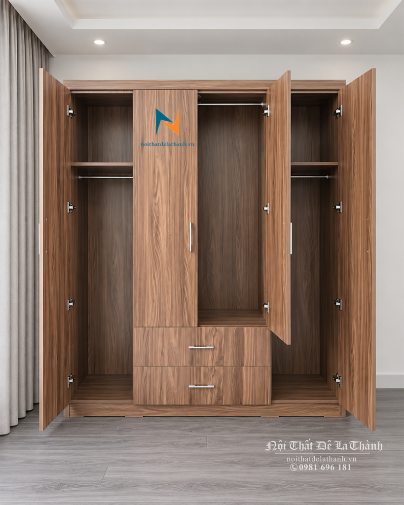 Thiết kế bên trong tủ áo giá rẻ 4 cánh, với 1 khoang lớn ở giữa, 2 khoang nhỏ 2 bên, 2 ngăn kéo ở giữa, có 3 thanh suốt treo và các đợt để quần áo gấp