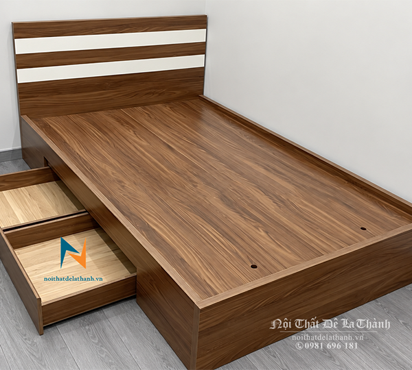 Giường ngủ gỗ công nghhiệp 1m2x2m 2 ngăn kéo, màu óc chó 6089 dành cho người ngủ 1 mình hoặc dành cho bé trai