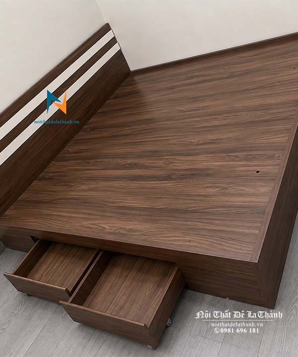 Giường gỗ công nghiệp 2mx2m2 giá rẻ màu óc chó 6089, đầu cao có 2 kẻ trắng, vai trái giường có 2 ngăn kéo tiện dụng