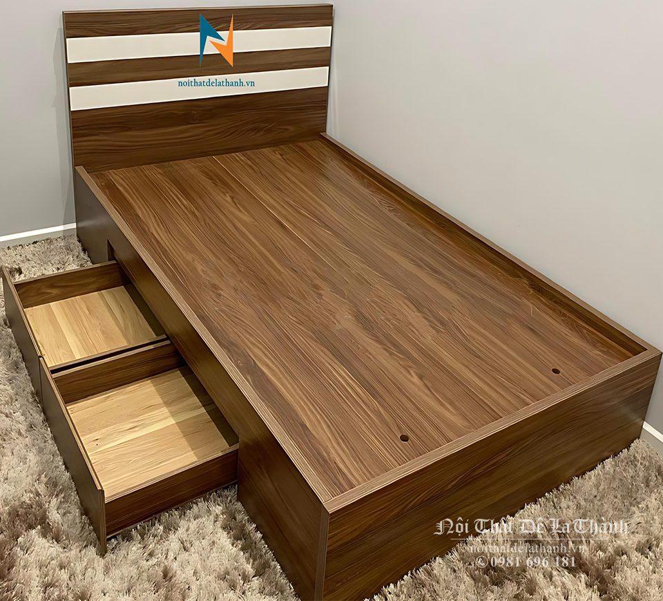 Giường ngủ gỗ công nghhiệp 1m2x2m 2 ngăn kéo, màu óc chó 6089 dành cho người ngủ 1 mình hoặc dành cho bé trai