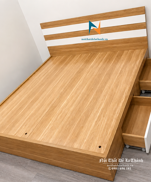 Chiếc giường ngủ giá rẻ 1m8, vai giường có 2 ngăn kéo, màu 6161