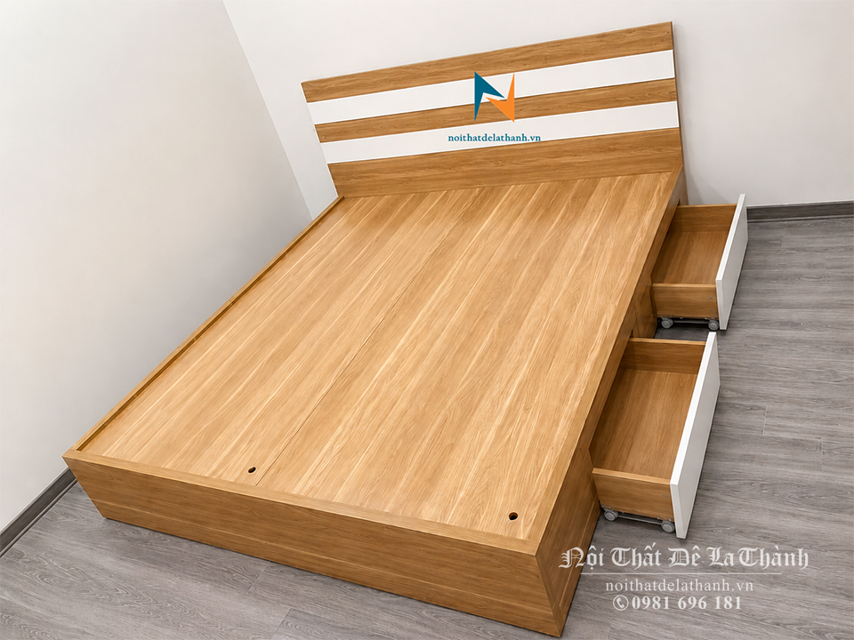 Chiếc giường ngủ giá rẻ 1m8, vai giường có 2 ngăn kéo, màu 6161