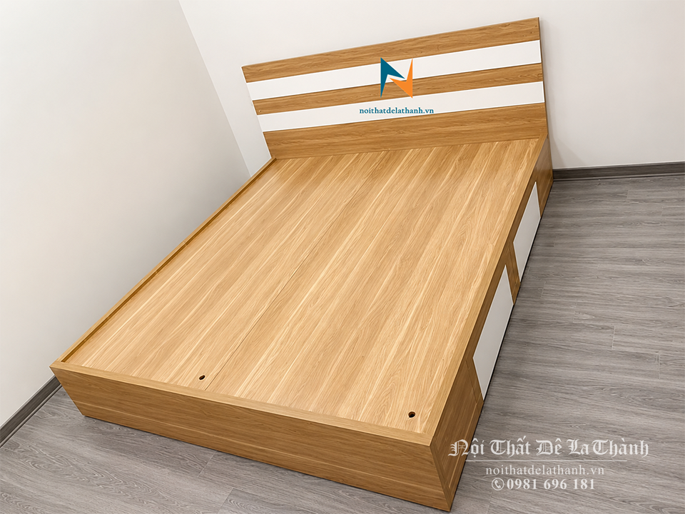 Chiếc giường ngủ 1m8 gỗ công nghiệp phân khúc giá rẻ, màu 6161, đầu có 2 kẻ trắng