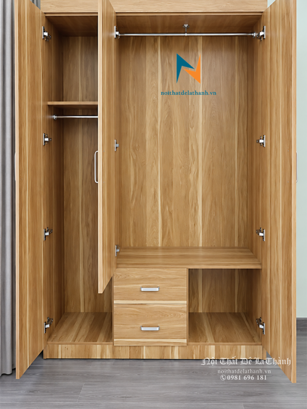 Thiết kế bên trong chiếc tủ áo 3 cánh gỗ mdf với 1 khoang lớn, 1 khoang nhỏ, 2 ngăn kéo