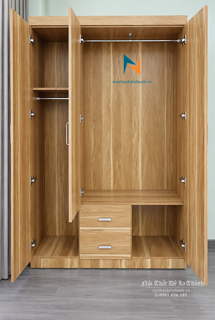 Thiết kế bên trong chiếc tủ áo 3 cánh gỗ mdf với 1 khoang lớn, 1 khoang nhỏ, 2 ngăn kéo