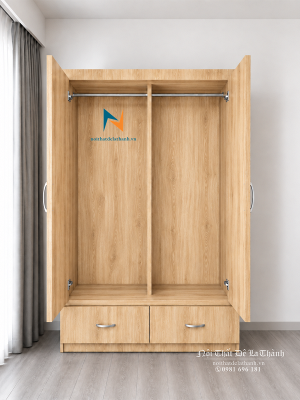 Thiết kế của chiếc tủ 2 cánh gỗ mdf giá rẻ: bên ngoài có 2 ngăn kéo phía dưới, bên trong có 2 suốt treo, kích thước 1mx2m