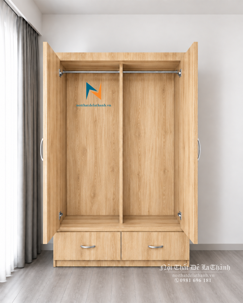 Thiết kế của chiếc tủ 2 cánh gỗ mdf giá rẻ: bên ngoài có 2 ngăn kéo phía dưới, bên trong có 2 suốt treo, kích thước 1mx2m