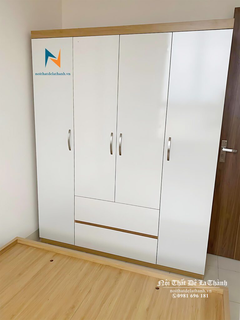 Chiếc tủ gỗ công nghiệp 4 cánh giá rẻ, kích thước 1m6x2m, thiết kế và thi công bởi Nội Thất Đê La Thành