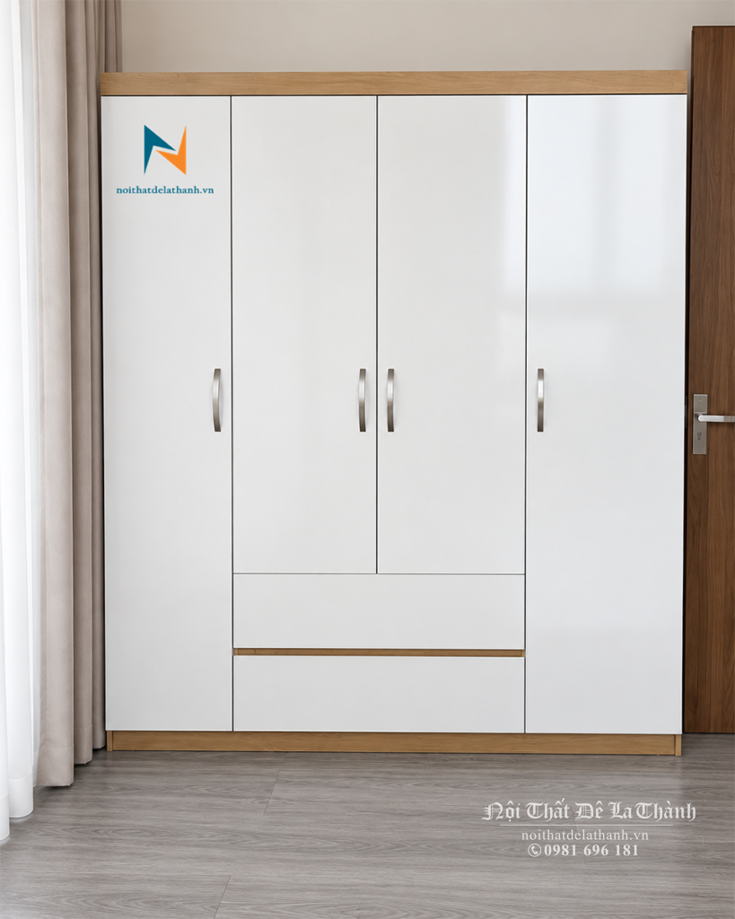 Chiếc tủ 4 cánh giá rẻ, màu 388 pha cánh màu trắng, gồm 2 cánh dài, 2 cánh cộc, 2 ngăn kéo