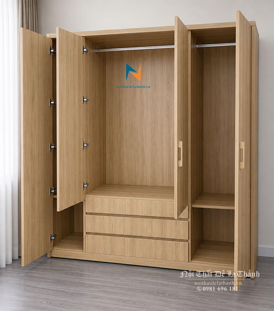 Thiết kế bên trong chiếc tủ 3 buồng giá rẻ: có 2 ngăn kéo, 2 cánh dài tạo thành 2 buồng nhỏ 2 bên, 2 cánh cộc tạo thành 1 buồng lớn ở giữa