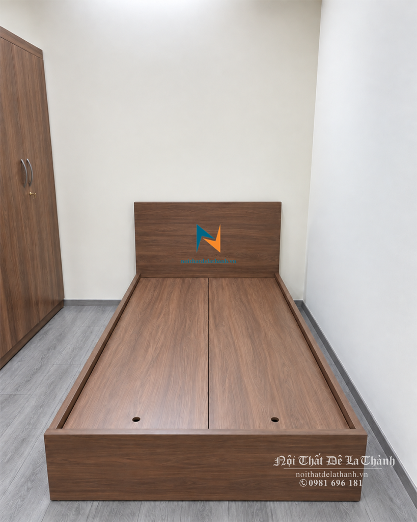 Chiếc giường đơn 1mx2m giá rẻ (có tuỳ chọn 1mx1m9) làm từ gỗ công nghiệp mdf, màu óc chó, chuyên dụng cho sinh viên, phòng trọ 1 người nằm