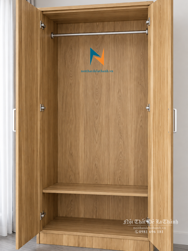 Thiết kế bên trong chiếc tủ quần áo gỗ mdf giá rẻ, có 2 cánh, tạo thành 1 khoang lớn, bên trên có suốt treo, bên dưới có 1 đợt gỗ, kích thước 80cmx1m85, màu 6161