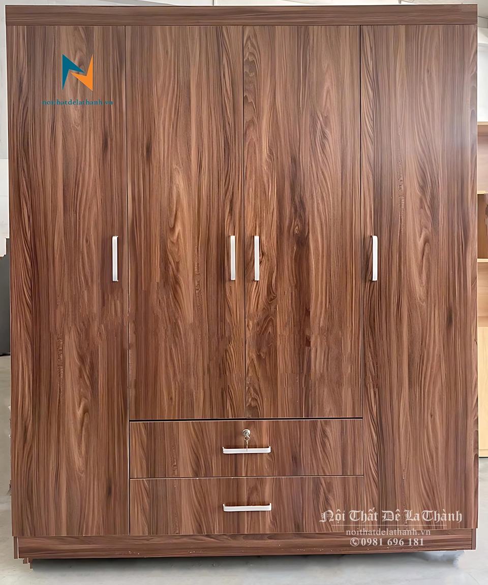 Chiếc tủ áo giá rẻ thuần màu óc chó, có 2 cánh dài, 2 cánh cộc, 2 ngăn kéo, trong đó 1 ngăn kéo có khoá