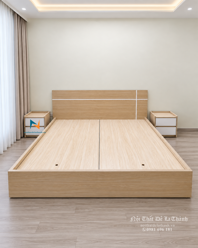 Ảnh thực tế Giường MDF 1m8 vân gỗ sáng chỉ trắng lắp đặt bởi Nội Thất Đê La Thành