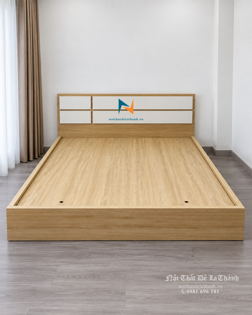 Chiếc giường gỗ công nghiệp hiện đại 1m8x2m bề mặt phủ melmine, bền màu vĩnh viễn theo thời gian